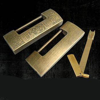 中式仿古铜锁老式纯铜横开挂锁古代箱锁插销锁清代复古铜锁头 青古色