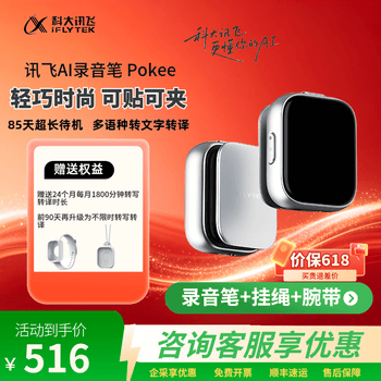 科大讯飞AI智能录音笔 Pokee 专业录音设备随身便携超长待机录音转文字同声传译会议录音机 科大讯飞AI录音笔Pokee+腕带+挂绳
