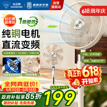 钻石牌【纯铜电机+1级能效+AI语音】落地扇直流变频家用电风扇台立两用智能语音扇轻音摇头扇DFS-BPHR07