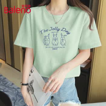 班尼路（Baleno）100%纯棉短袖T恤女2026年夏季女装新款潮流时尚休闲简约百搭上衣 水绿#BL三只C小兔 M