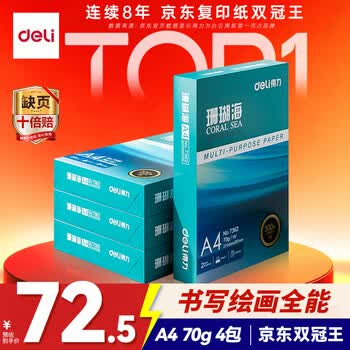 得力（deli）珊瑚海A4打印纸 70g500张*4包一箱 双面打印复印纸 整箱2000张ZF371【销冠系列】