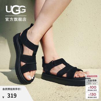 UGG夏季女士舒适厚底露趾魔术贴休闲凉鞋1170531BTNL|黑色 37