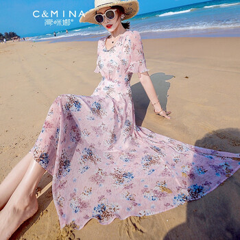 淳咪娜品牌名媛雪纺连衣裙女夏显瘦中长款过膝沙滩裙子小香风A字碎花裙 粉底兰花 品牌保证 XXL码 117斤-138斤