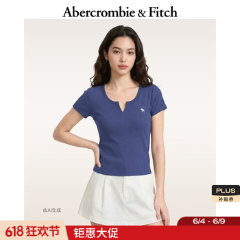 Abercrombie & Fitch经典小麋鹿图案美式舒适百搭修身小V领短袖T恤26夏女装139-6238 海军蓝 XXS (160/76A)