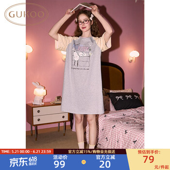 果壳（Gukoo）睡衣女夏季史努比联名卡通插肩袖舒适宽松女士家居服睡裙B 史努比睡裙 M