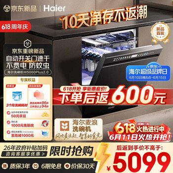 海尔（Haier）【价保618】麦浪套系洗碗机嵌入式W5000Plus2.0双面洗消毒163升22套大容量10天净存EYSZW22586SHU1