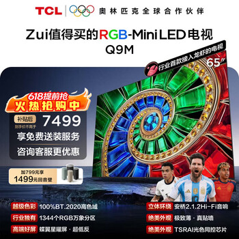 TCL电视 65Q9M 65英寸 RGB-Mini LED 100%BT.2020高色域 RGB万象分区 蝶翼星曜屏 超薄 65英寸 标准版【标配挂架】