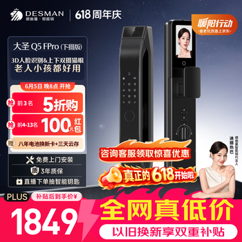 德施曼（DESMAN）智能门锁3D人脸识别双摄可视猫眼大屏电子锁大圣Q5FPro（下摄版）