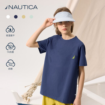 诺帝卡（NAUTICA）吸湿速干儿童抗菌短袖NAUTICA中大童青少年26夏新款户外防晒圆领T 诺帝卡蓝【简约】 170