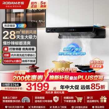 老板（Robam）油烟机【双子星系列】家用大吸力双腔变频抽油烟机低噪音免拆洗抽烟机 【28立方大吸力】E2P单烟机