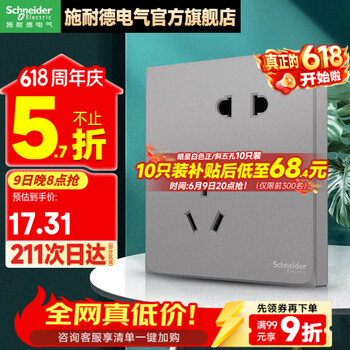 施耐德开关插座面板 哑光无边框 皓呈系列灰色 86型墙面插座 斜五孔