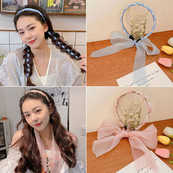 薄纱珍珠蝴蝶结发箍飘带发带女绑发发卡夏天超仙仙气编发丝带头饰发箍
