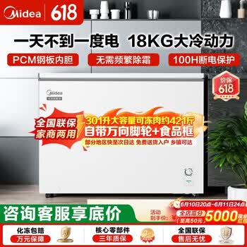 美的（Midea）301L一级能效轻音省电PCM钢板内胆+零下30度冷冻冷藏两用大容量卧式冷柜 家用电器 冰柜 301L |PCM合金内胆|自带食品框