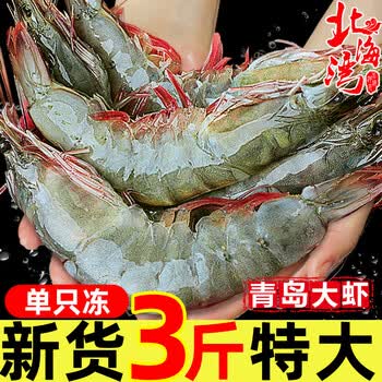 北海湾 虾 青岛大虾鲜活冷冻基围虾 虾类 海鲜水产生鲜白虾青虾海虾对虾 气冻大虾 3斤(净重)  16-18cm【单只冻 特大虾】