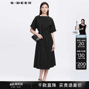 S.DEER圣迪奥2022年夏季休闲圆领网纱收腰黑色短款连衣裙女装S22281225 黑色/91 S/160