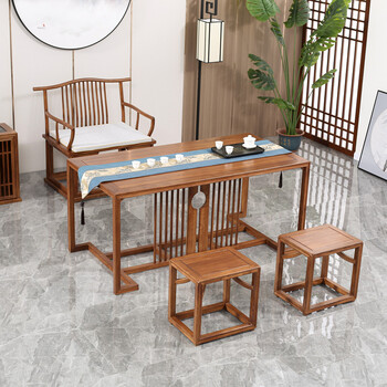 景力新中式茶桌椅组合北方榆木家具功夫泡茶台实木茶道书房写字桌办公