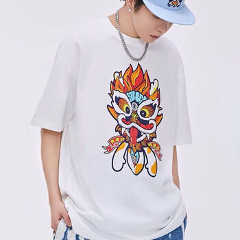 肯昔国粹醒狮街头休闲国潮醒狮印花宽松男女同款短袖情侣t恤白色狮子