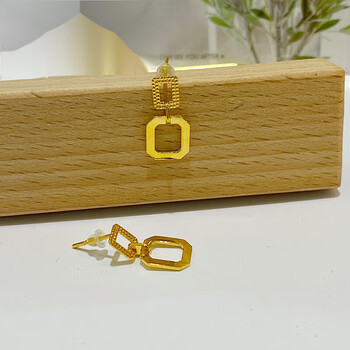 语花印黄金耳钉女5g金几何耳饰999足金双环方形耳环女友老婆生日