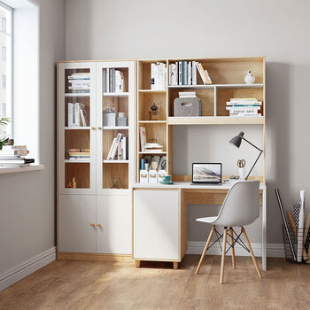 书架书桌一体书柜电脑桌家用书房套装组合写字学习桌jv1v 【原木色
