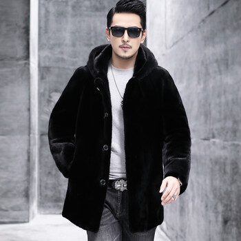 高端品牌男士穿的丹麦进口貂皮大衣男中长款水貂毛整貂外套连帽中年