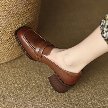 百丽佳嘉女鞋子2023春新款粗跟擦色英伦风小皮鞋女高跟复古圆头羊皮