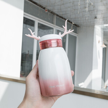 可爱鹿角保温杯女韩版清新文艺大肚水杯渐变色网红学生简约水杯子
