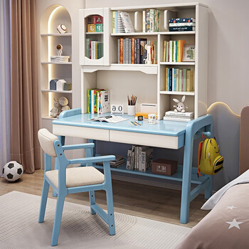 书桌  儿童学习桌带书架一体家用简约学生写字课桌椅卧室男孩实木书桌