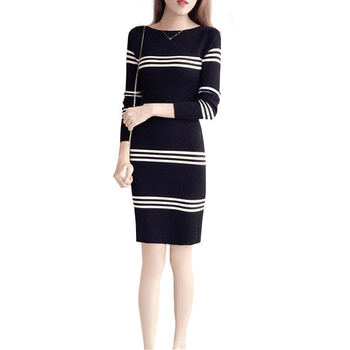 【女装新款】秋冬新款针织连衣裙2021女装条纹中长款收腰显瘦包臀毛衣打底裙女 红色 L【100一120】斤