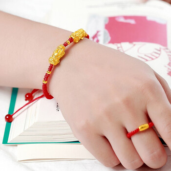 老凤凰 情人节礼物 展铂足金黄金貔貅转运珠手链女本命年红绳皮丘