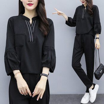 品汇菲大码女装套装胖妹妹春季微胖mm时尚洋气减龄显瘦藏肉遮肚子两件套 黑色 4XL建仪180-200斤