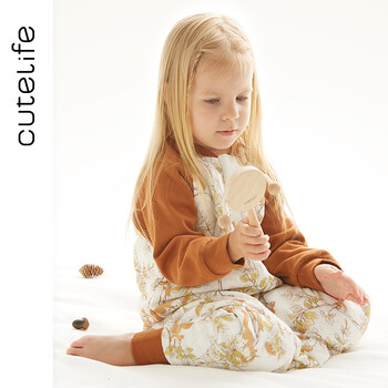 Cutelife羽感睡袋夹棉婴儿防踢被纱布黑科技3M新雪丽棉儿童秋冬分腿睡袋 密林松落 薄夹棉 室温16-20度 M码  (身高80-95cm)