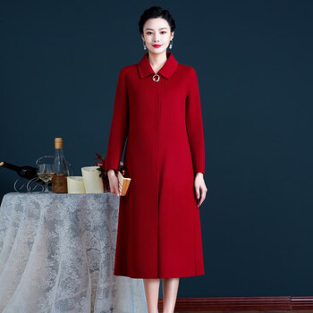 婚宴喜婆婆双面羊绒大衣长款冬季礼服装妈妈冬装酒红色毛呢外套女 酒