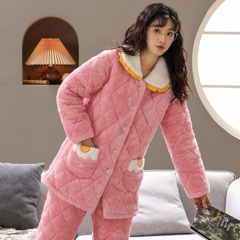 浪莎珊瑚绒睡衣女冬季三层加厚夹棉加绒可爱保暖女士法兰绒家居服秋冬