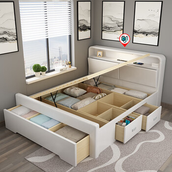 儿童床带抽屉收纳西翼白色实木储物床135米小户型儿童箱体床侧开高箱