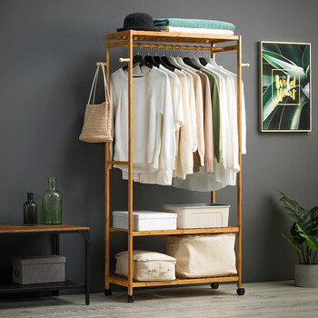 淘之良品 简易实木衣帽架卧室衣架落地挂衣架立式楠竹衣服架子现代简约鞋架置物架室内收纳架 原色 经典款柜式 送裤架