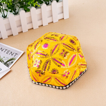 新疆舞帽子维吾尔族帽男女民族舞蹈帽演出服头饰六角带辫子亮片帽妲