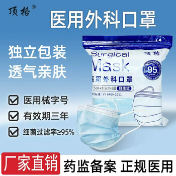 顶格医用外科口罩独立装一次性三层防护过滤成人医疗透气亲肤不勒耳 蓝色 成人款100只【独立装】