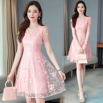 中长款裙子女士雷丝连体裙超仙女生群子粉红色短袖5xl建议175195斤