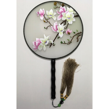 手工刺绣宫扇精品绣花扇子双面绣成品高端礼品中国风团扇 乳白色 玉兰