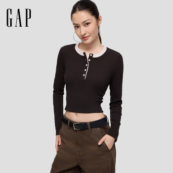 盖璞Gap女装2026秋新品撞色亨利领罗纹修身圆领长袖上衣2KN623019 深棕色 M (165/88A)亚洲尺码