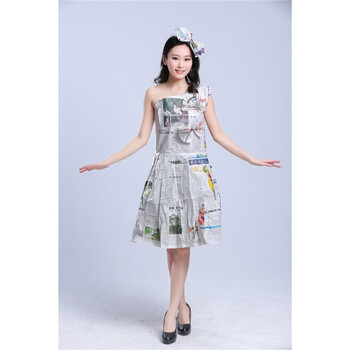 环保走秀表演服儿童环保服时装秀演出服幼儿园手工环保服 报纸斜肩