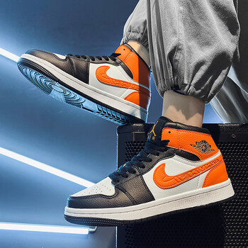 耐克顿aj1空军一号高帮板鞋黑桔色休闲运动鞋高中学生跑 黑桔扣碎