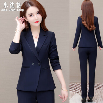 小沈龙 小西装套装小个子女职业韩版修身正装裤商务OL面试西服短外套女装 836XSL 蓝色（西服+西裤） 2XL 