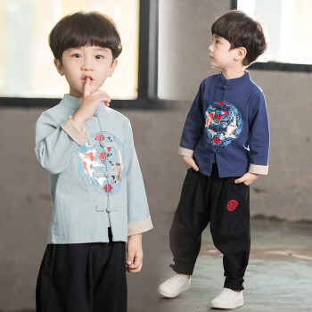 巴妮巴妮儿童长袖汉服秋款中国风两件套春夏秋款中秋中小童男孩民族风套装 绿色春秋 130码建议125cm