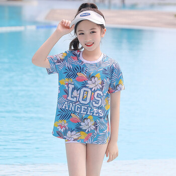 泳衣大童女孩温泉游泳衣女学生游泳泳装套装清凉酷蓝泳衣三件套xxxxl
