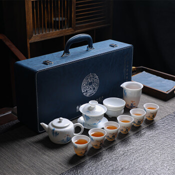 油岭窑高档羊脂玉瓷功夫茶具家用陶瓷白瓷泡茶喝茶套装轻奢手绘高山流水 蓝色