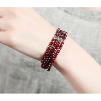 石榴石手链女多圈 4mm酒红色石榴石 6a小石榴石手串银配饰民族风 精选