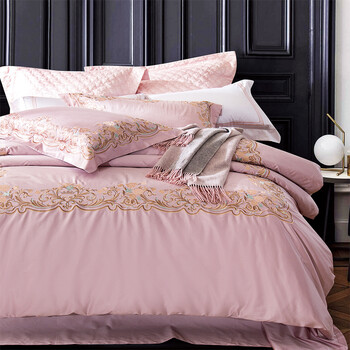 家纺 欧式全棉纯棉四件套刺绣粉色1.8m双人床单被套床上用品 伊顿 1.