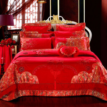 恒源祥 结婚四件套 红色大提花婚庆四件套绣花吸湿透气床上四件套 百年好合 1.5米床/被套200*230cm