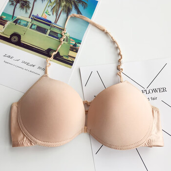 少女挂脖式文胸性感沙滩比基尼少女挂脖前扣纯色美背文胸内衣光面简约